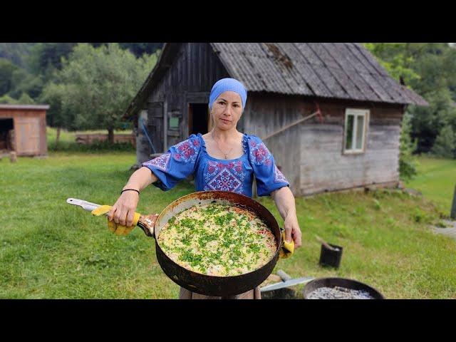 A Woman Living in the Mountains Cooks Gigantic PIZZA on a Campfire for her alone!!