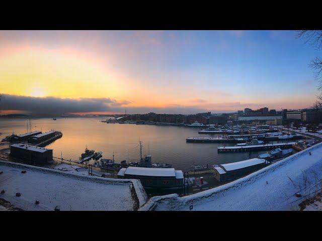 Oslo walk - Akershus fortress in winter , Norway , FPV