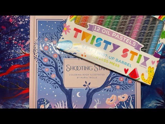 Mixed media featuring twisty oil crayons in Shooting star colouring book | Adult colouring