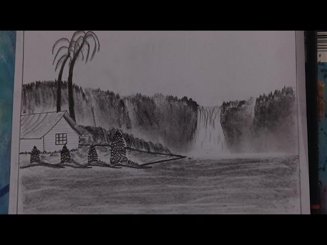 How To Drawing A Beautiful Scenery | Village Scenery Drawing | Waterfall Sketch | Ashiq Art Academy