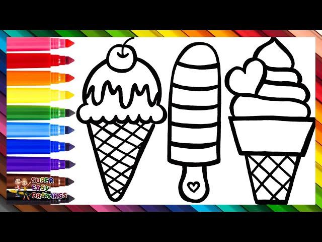 Draw and Color 3 Cute Ice Creams ️ Drawings for Kids