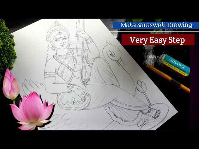 Saraswati Drawing/ Very Easy Step Mata Saraswati Drawing/ Mata Saraswati Drawing Easy