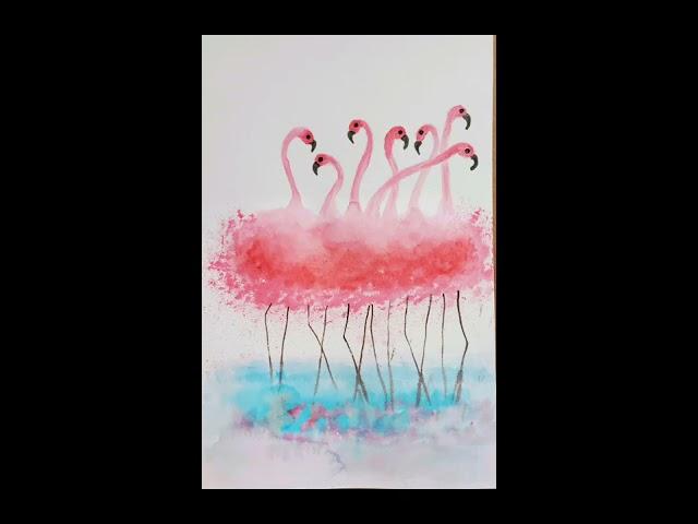 Watercolor painting in 5 minutes /Painting of flamingos/toothbrush technique/ Easy for beginners