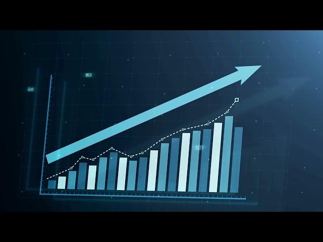 Beautiful 3D animation of rising bar graph, following the arrow, trading on the stock exchange