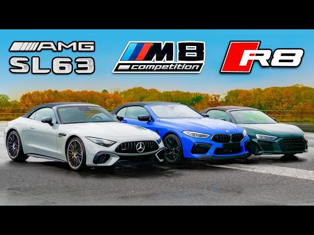 New AMG SL 63 v BMW M8 v Audi R8: DRAG RACE