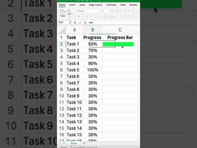 Create a Progress Bar in Excel with a Simple Formula | #shorts #excelformula #excel #googlesheets