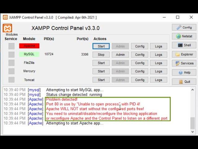 mysql port: 2 Ways to solve problem Port 80 in use by Unable to open process with PID 4 in XAMPP