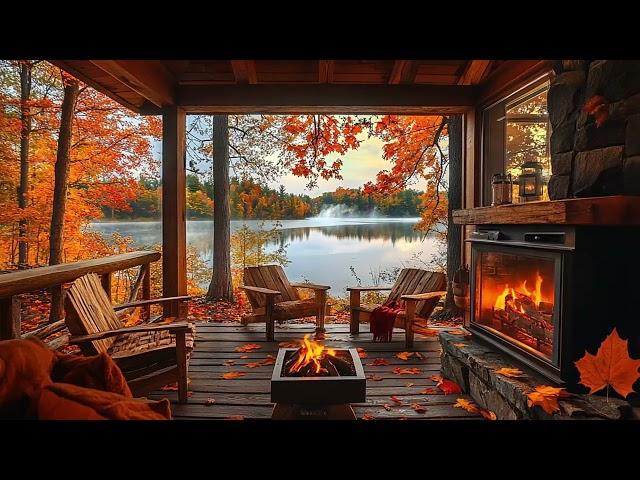 Autumn Cabin Ambience | Soothing Jazz and Fireplace Sounds in the Fall Porch 