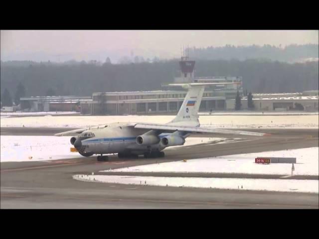 ( AMAZING RUSSIAN PLANE SOUND!!! ) Ilyushin-76 taxiing / take off and Ilyushin-96 taxiing at ZRH