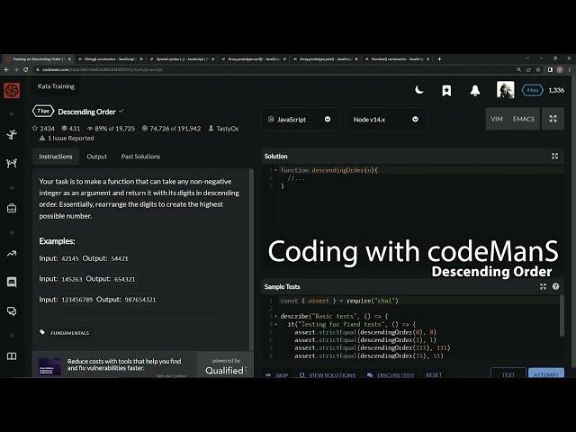 Codewars 7 kyu Descending Order Javascript