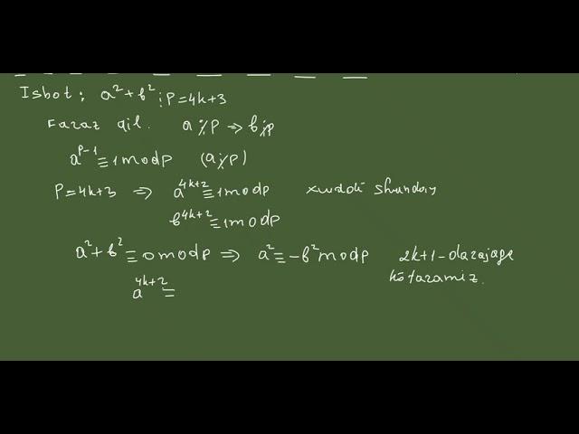 a^2 +b^2 sonining p=4k+3 ko'rinishidagi tub bo'luvchisi