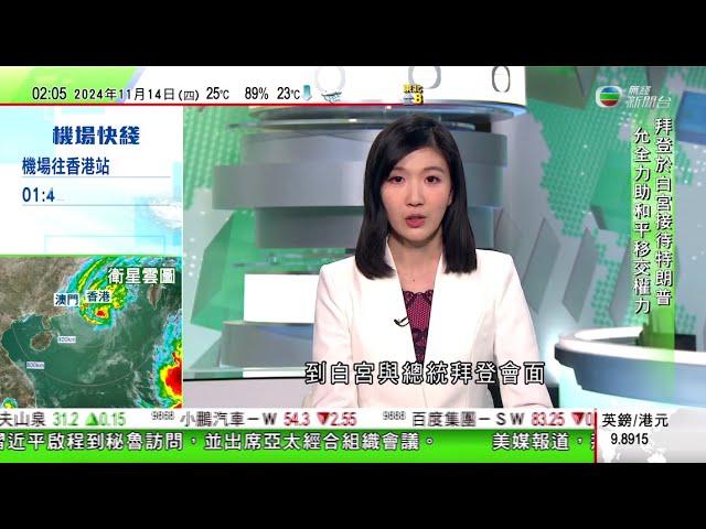 無綫TVB 0200新聞報道｜【美國大選】拜登白宮晤特朗普 稱全力配合讓政權和平交接｜特朗普「掩口費」案 主審法官押後裁決是否撤銷定罪｜布林肯指拜登卸任前 將承諾援烏克蘭資源全數兌現｜20241114