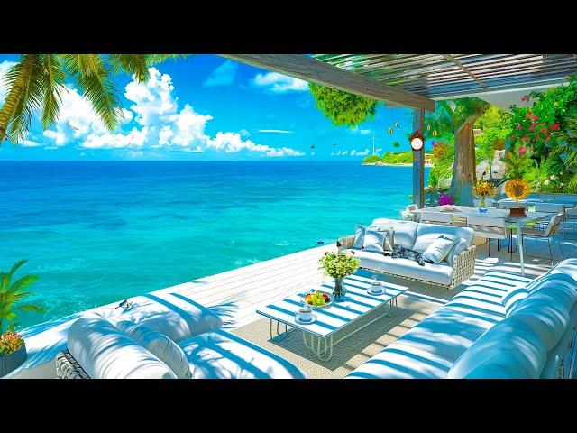 Relaxing Bossa Nova Piano at Outdoor Beach Cafe Ambience | Enjoy Happy Moments & Ocean Waves Sound