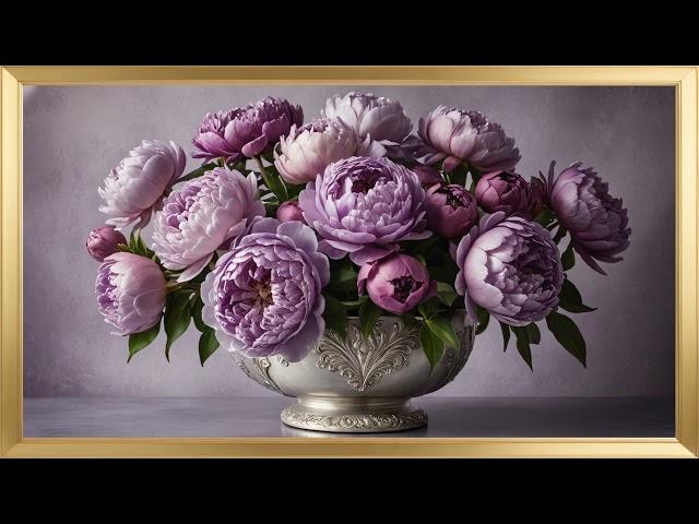 Soft Lilac Peonies in a Silver Ornate Vase | 4K Romantic Floral Screensaver