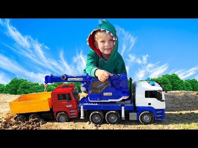 Bruder's car stuck in the mud! Kid and Truck Crane rush to the rescue