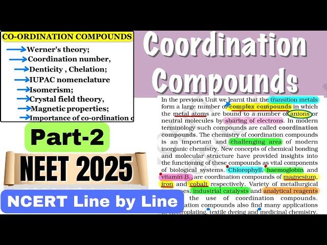 Coordination Compounds(Part-2) NCERT Line by Line | NCERT Highlights #neet2025  #ncertneet #class12