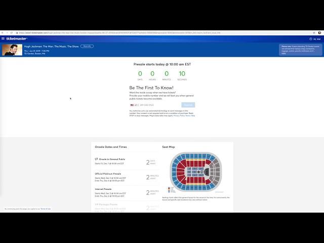 What a Ticketmaster Presale looks like on a desktop computer