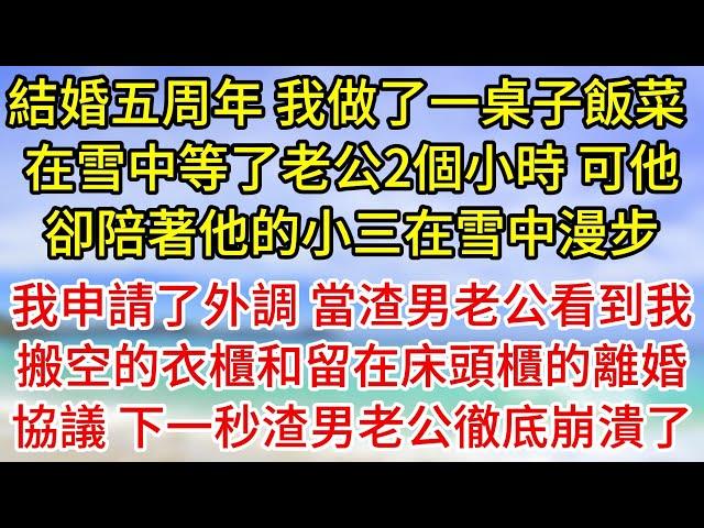 【完結】結婚五周年紀念日，我做了一桌子飯菜，在雪中等了老公2個小時，可他卻陪著他的小三在雪中漫步，我申請了工作外調，當渣男老公看到我搬空的衣櫃和留在床頭櫃的離婚協議，下一秒渣男老公徹底崩潰了#為人處世