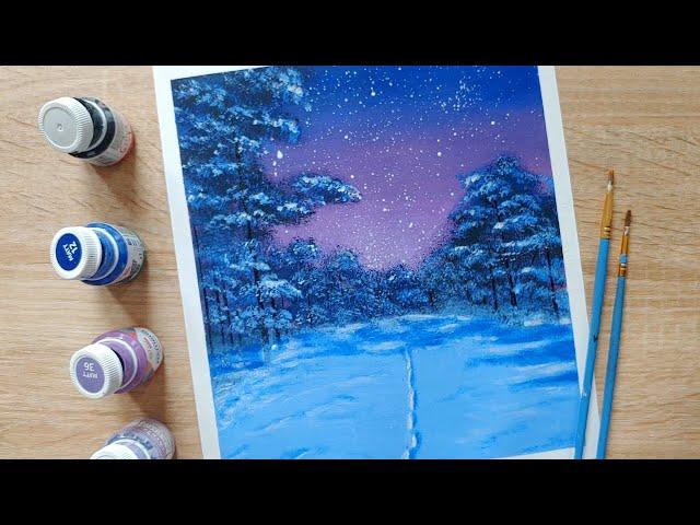 Рисуем зимний лес / Простой зимний пейзаж / Зимняя ночь в лесу / Winter landscape / winter forest