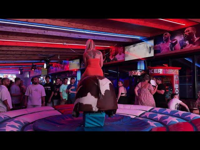 OMG Pretty Girl Ride on Benidorm Bull | Mechanical Bull 4K . Spain Resort September 2024