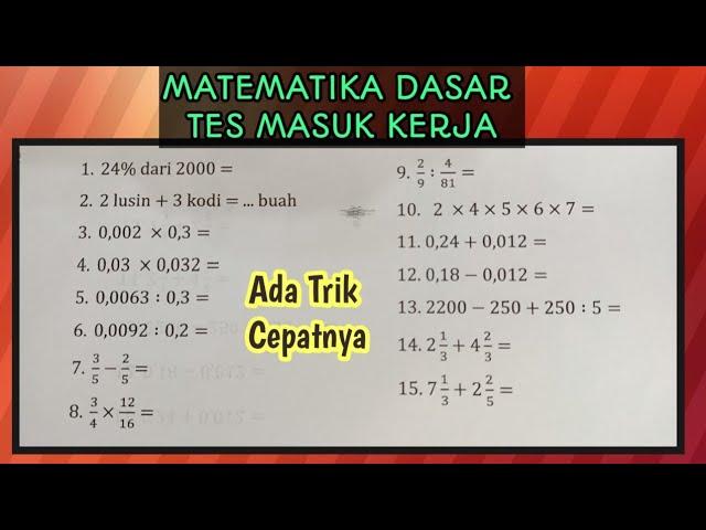 SOAL MATEMATIKA DASAR TES MASUK KERJA YANG SERING KELUAR DI PSIKOTES