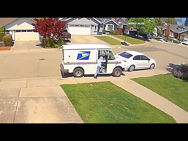 Video shows Bay Area USPS driver crashing into parked car, then driving off