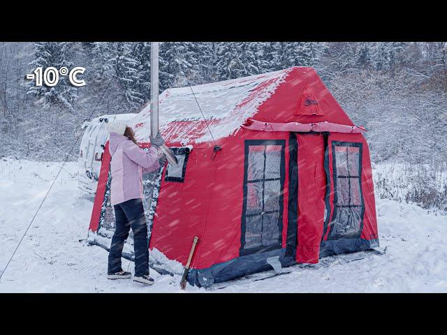 SOLO GIRL in Snowstorm: ASMR Living in an Inflatable Tent ️