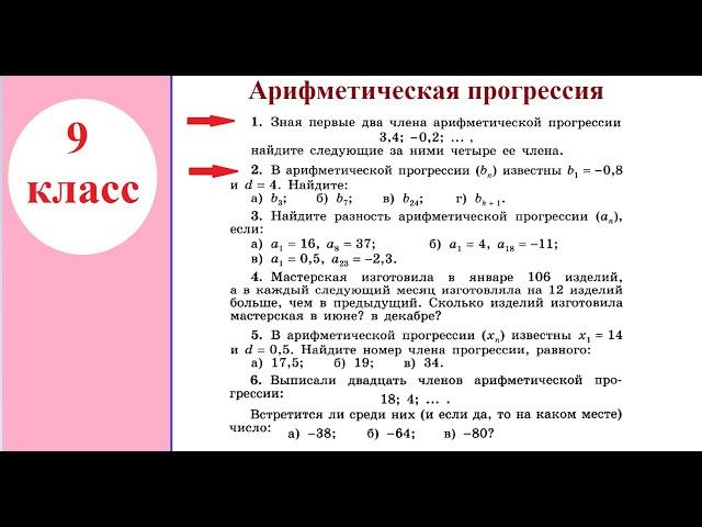 9 класс. Алгебра. Арифметическая прогрессия. Формула п-го члена арифметической прогрессии.