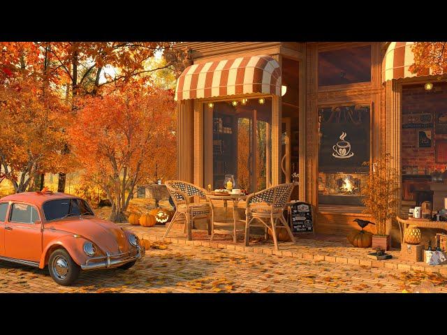 A Cozy Autumn Porch by the Coffee Shop Ambience 4K  Jazz Music for Relaxing, Studying and Working