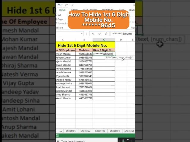 Hide 1st 6 Digit Mobile No #shorts #msexcel #excel #exceltips #exceltutorial #techmicrosoft #viral