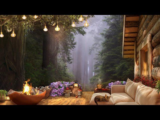 Cozy Forest Hut Porch | Relaxing Spring Morning with Birdsong & Campfire Sounds