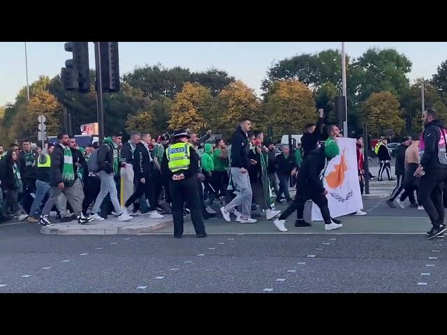 MANCHESTER UNITED VS OMONOIA FANS WALKING TO OLD TRAFFORD