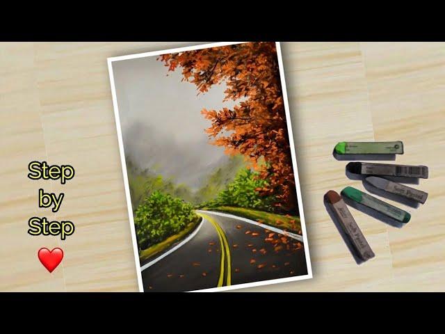 ️ How To Draw Beautiful FOREST ROADWAYS Scenery With Soft Pastel Colour.