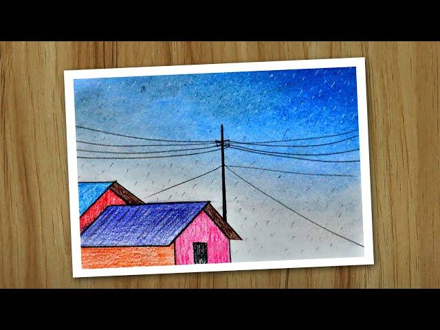 Rainy sky painting for beginners, Oil pastel drawing for beginners