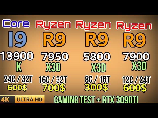 7950X3D VS I9 13900K VS R9 7900X3D VS R7 5800X3D 4K Gaming Test + RTX 3090TI TOP GAMİNG CPU IN 2023