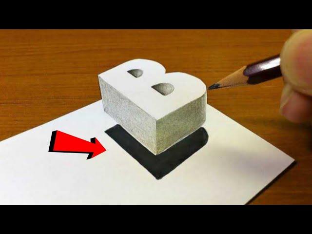 Very Easy!! How To Drawing 3D Floating Letter "B" - Anamorphic Illusion - 3D Trick Art on paper