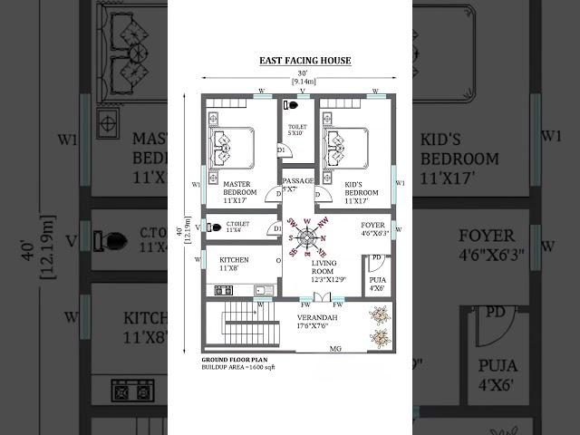 30x40 house plan east facing | 30x40 house design | 1200 sqft house design