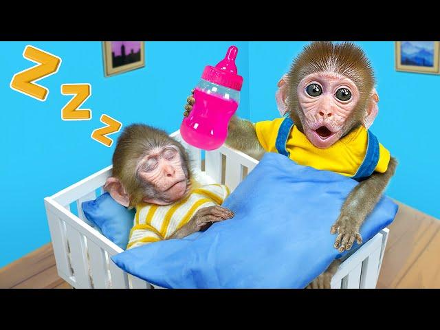 KiKi Monkey Take Care of Baby by Milk Bottle as Good Brother to have Nap Time | KUDO ANIMAL KIKI