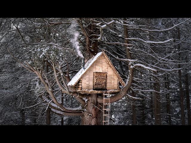 Building Cozy Bushcraft Treehouse Shelter for surviving a freezing Winter | pt.2