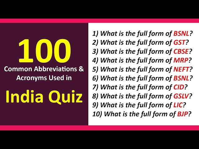 100 Common Abbreviations and Acronyms Used in India Quiz | General Knowledge Quiz | India GK Quiz