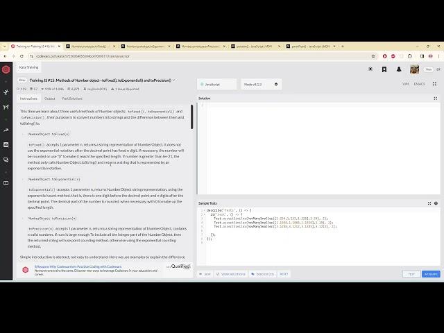 Codewars | Kata Training | Training JS #15: toFixed(), toExponential() and toPrecision(), parseInt()