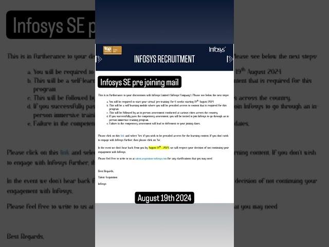 Infosys SE Pre joining update August batch #infosys #onboarding #prejoining #2022batch