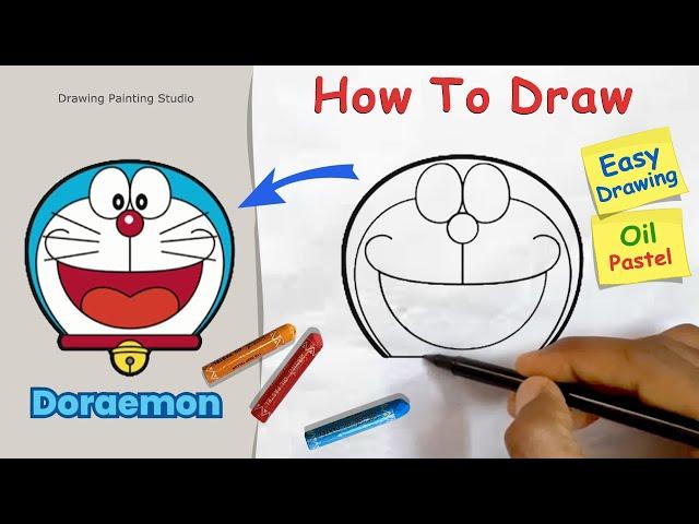 How to draw Doraemon Face step by step / Easy Doraemon Face Drawing with Oil Pastel Color