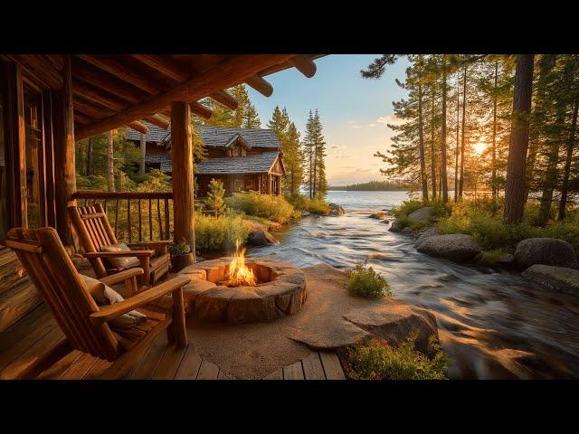 Peaceful Summer Lakeside Porch Morning | Water, Birds, and Cozy Firepit Relaxation, Meditation