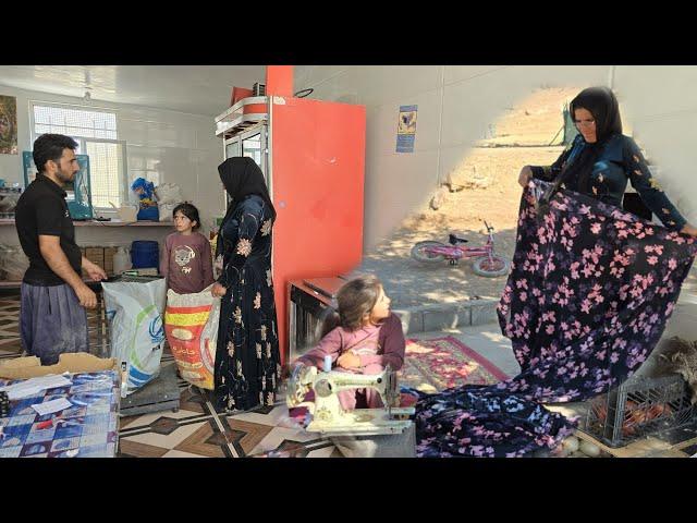 "Sewing clothes by a nomadic widow to sell scraps to a shopkeeper by Sakineh"