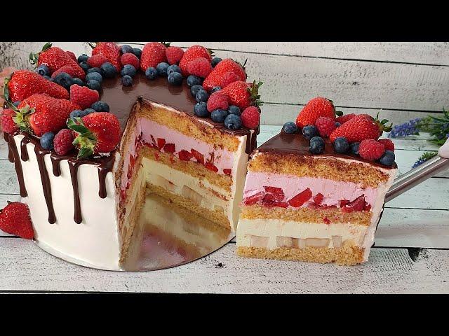 One of the most popular cakes! STRAWBERRY BANANA yogurt cake! Delicious! Mascarpone cream!