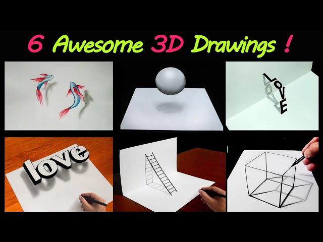 6 Easy 3D Drawing Tutorial !  Easy 3D illusion Drawing tutorials