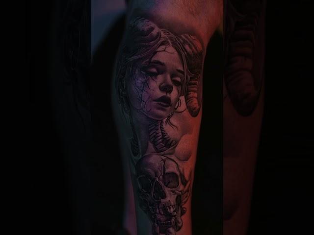 Custom tattoo, demon girl and skull. More tattoos you can find in my instagram - golubev_tattoo