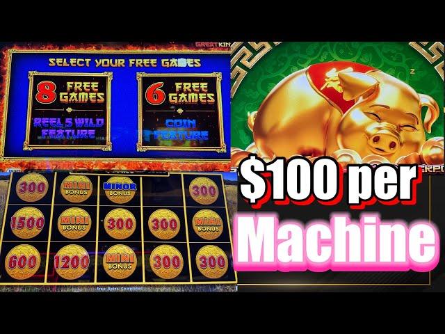 $100 x 4 machines. 2 winning slots Dollar storm Great King KPOW Big Dragon Train