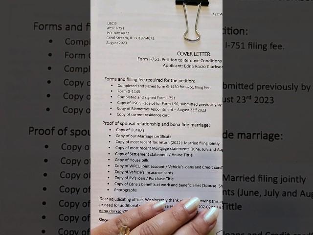 Short #8 Petition to Remove Conditions on Residence (Form I-751) *Cover Letter* #renovaciongreencard